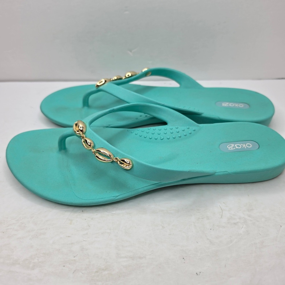 Oka-B Flip Flop Sandals Womens 9 Turquoise Gold Cowrie Shell Accents Made in USA